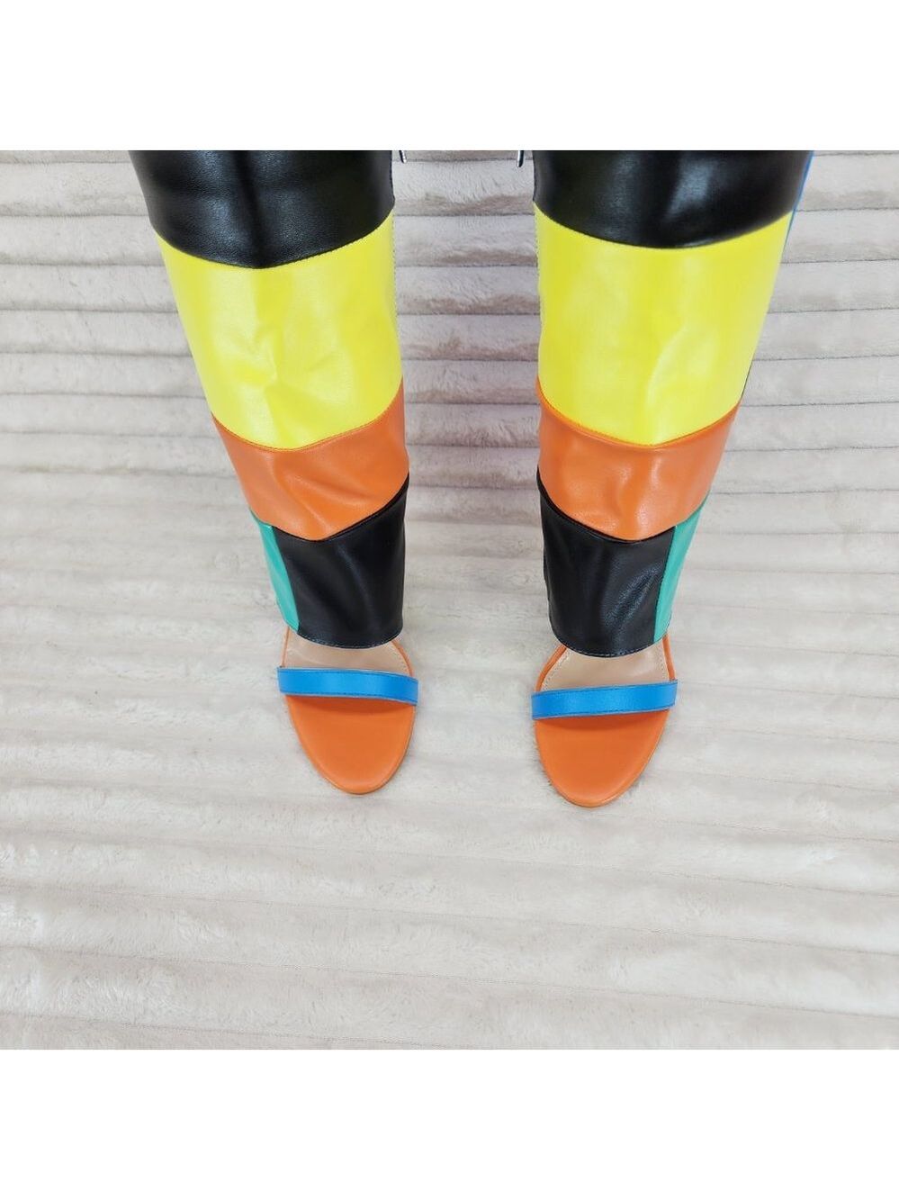 Paris Color Block Stiletto Fold Over Skirted Shootie Boot Sandals - Picture 13 of 15